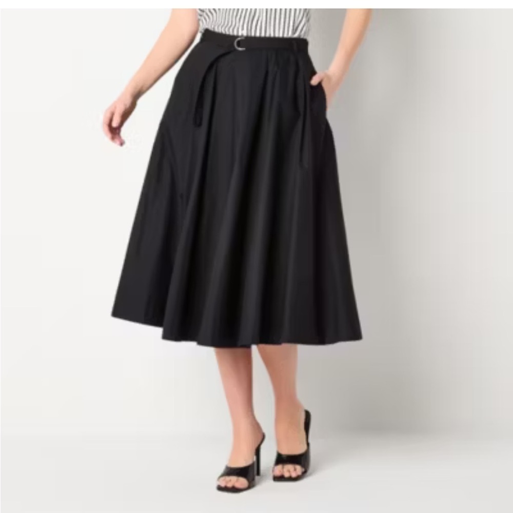 NWT-Worthington-14 petite-black-belted, midi, a line, side zipper closure skirt.